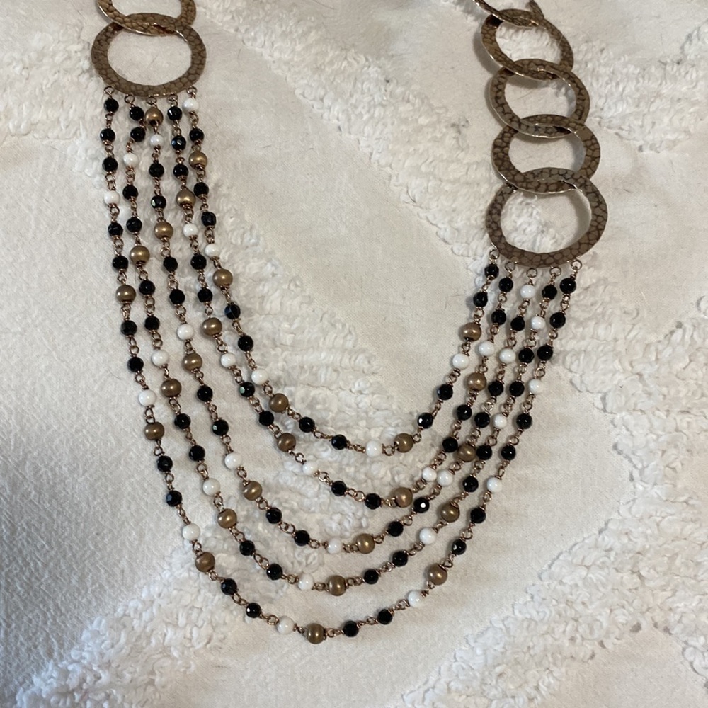 Italian black and white beaded necklace and hammered interlocking rings